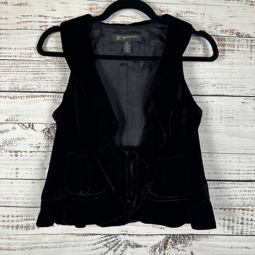 Womens Y2K Black Velvet Velour INC Ruffley V Neck Boho Whimsigoth Tie Vest Sz 6P